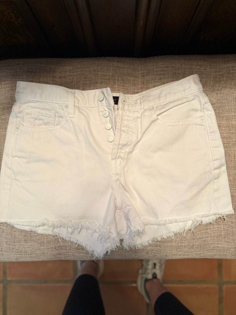 7 For All Mankind White High-Rise Frayed Hem Jean Shorts